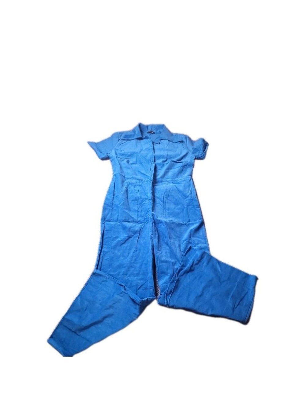 Suzie Kondi Corduroy Ponte Jumpsuit Womens Large Agean Blue Short Sleeve Wide